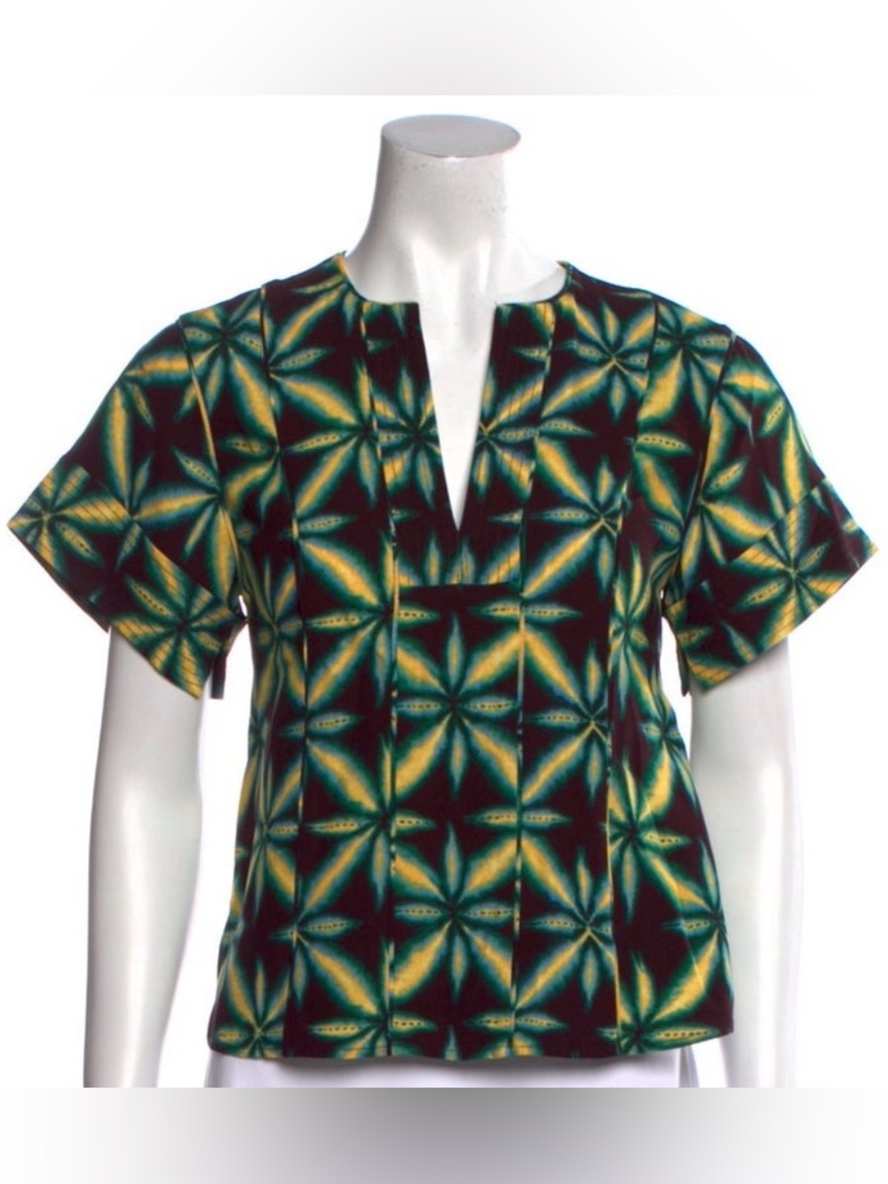 Ulla Johnson Short Sleeve Split-Neck Top in Green & Yellow Geometric Floral